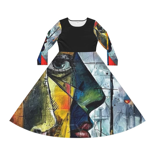 Artistic Women's Long Sleeve Dance Dress - Vibrant Abstract Design