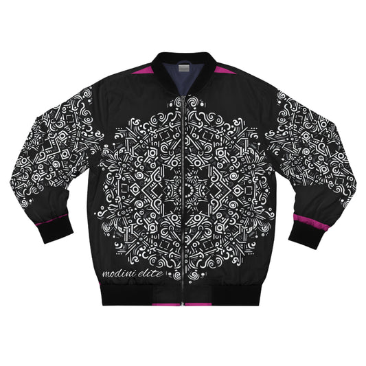 Stylish Black & White Men's Bomber Jacket with Intricate Pattern