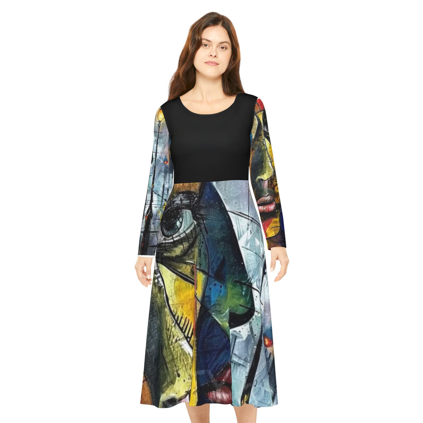 Artistic Women's Long Sleeve Dance Dress - Vibrant Abstract Design